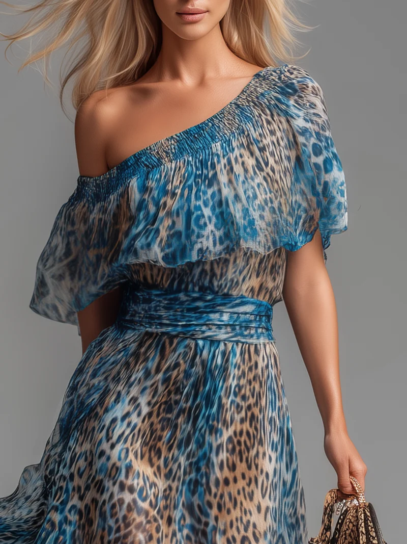 Siania – Chiffon-Kleid Mit Leopardenmuster Und Schulterfreiem Ausschnitt