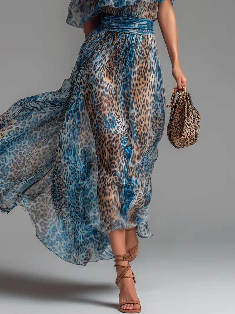 Siania – Chiffon-Kleid Mit Leopardenmuster Und Schulterfreiem Ausschnitt