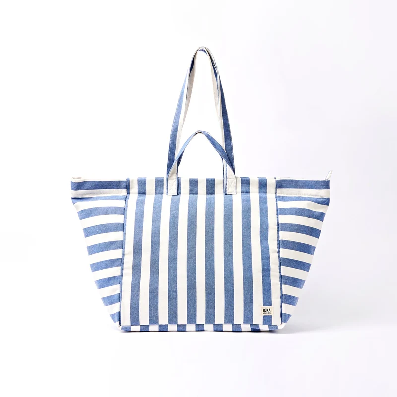 ROKA Große Marylebone-Tragetasche aus Baumwoll-Canvas | Denim-Streifen
