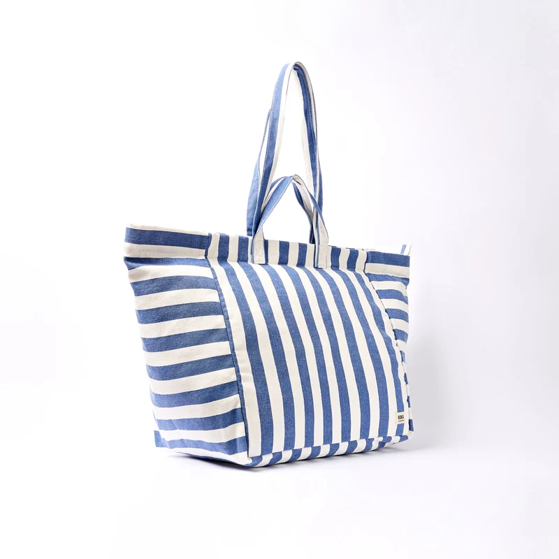 ROKA Große Marylebone-Tragetasche aus Baumwoll-Canvas | Denim-Streifen
