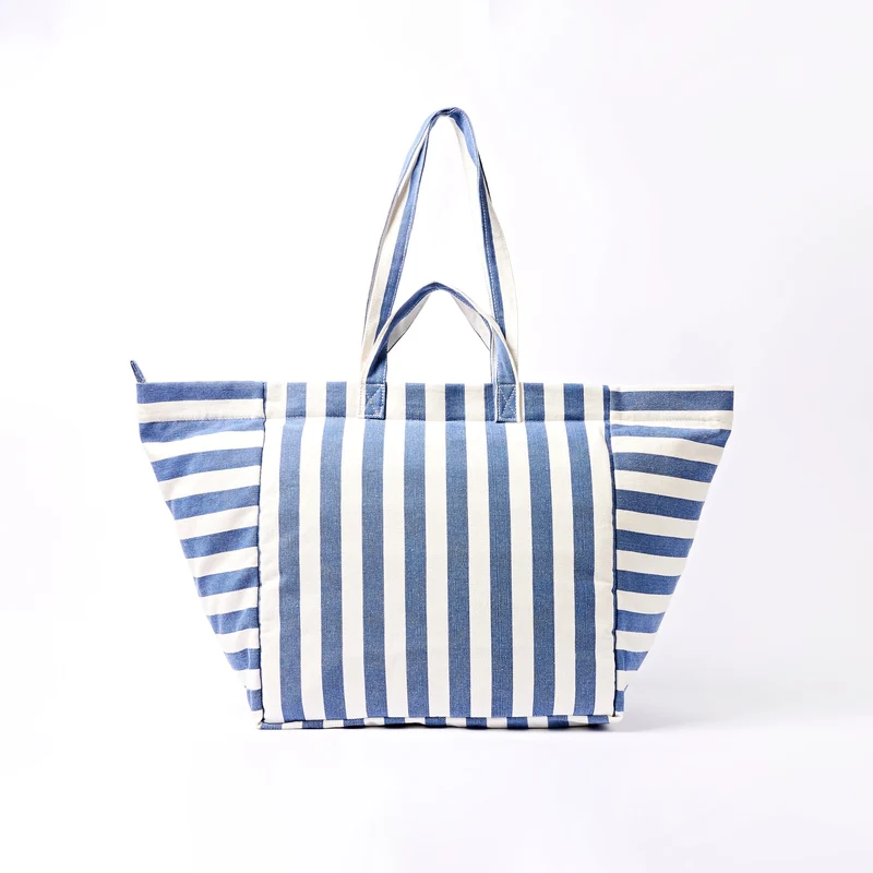 ROKA Große Marylebone-Tragetasche aus Baumwoll-Canvas | Denim-Streifen