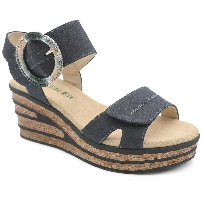 Wide Fit Adjustable Fasten Wedged Sandals - WBINS43045 / 329 121 - Navy
