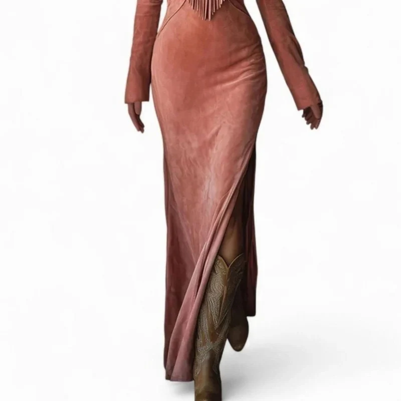 Tatjana | Damen Rosa Maxikleid im Western Stil mit Fransen und Langarm