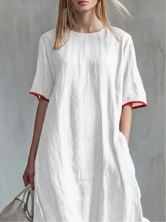 Behice – Langes Kleid MIT Kurzen Ärmeln Und Rot Gestreiften Rüschen