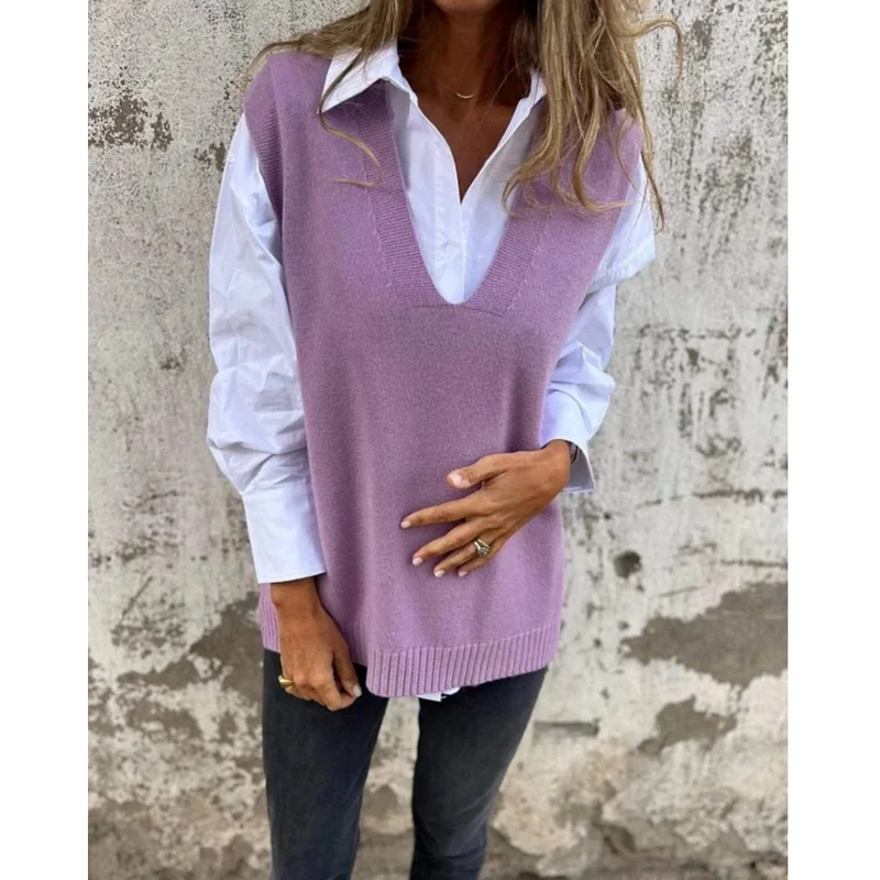 Luiza | Damen Ärmelloser Strickpullover mit V Ausschnitt