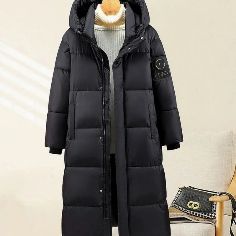 Henrike | Damen Schwarze Lange Winterjacke mit Kapuze und Parka Stil