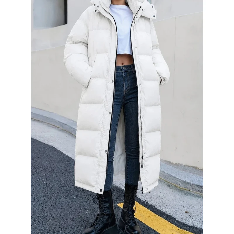 Pauline | Damen Lange Winterjacke mit Kapuze und Reißverschluss