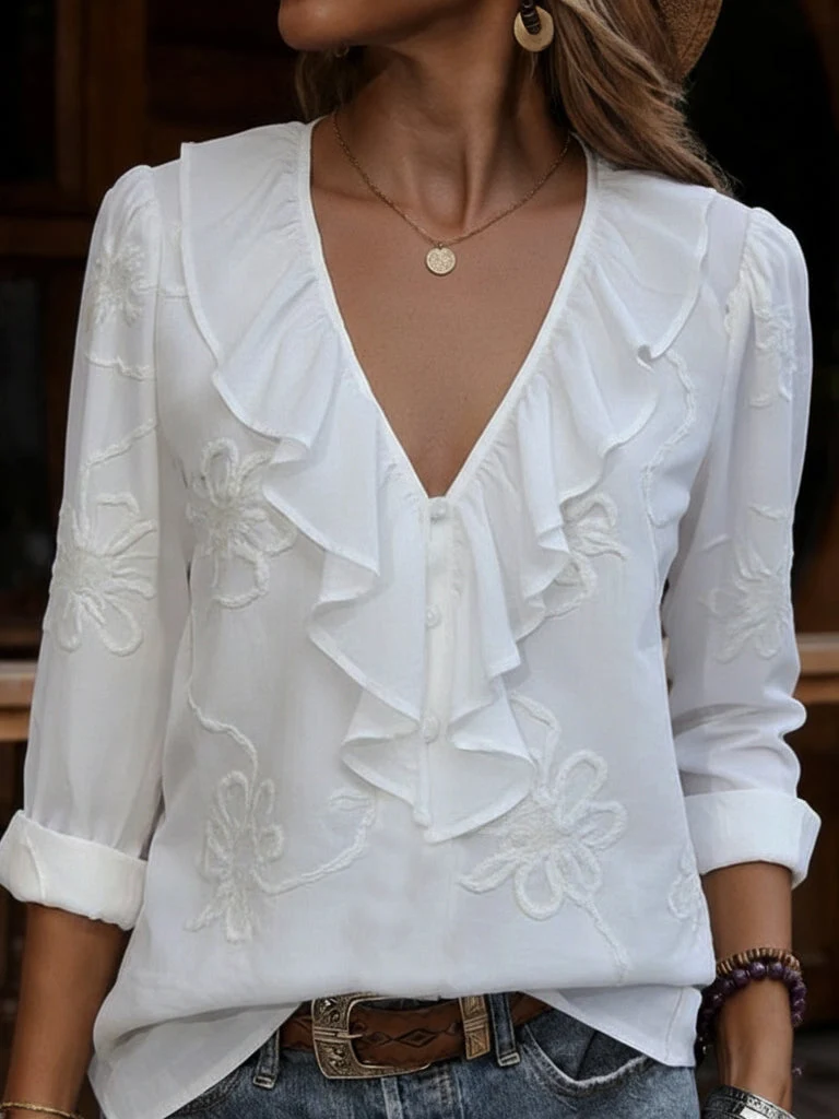 Celestine - Vintage Hemd Mit Blumenmuster Und V-Ausschnitt