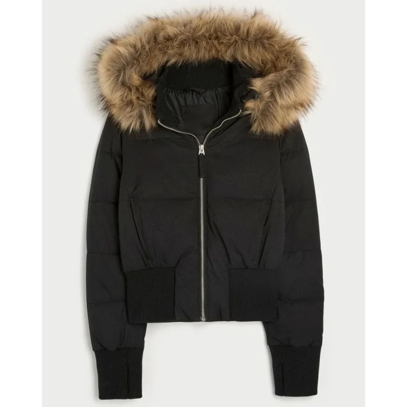 Regina | Damen Kurze Puffer Winterjacke mit Fell und Kapuze