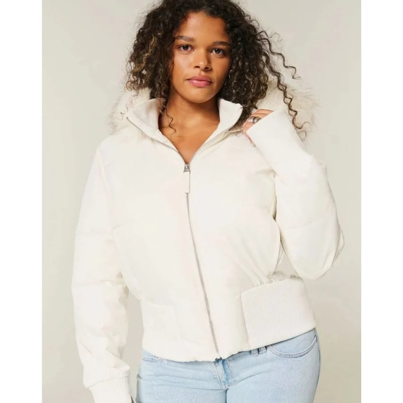 Regina | Damen Kurze Puffer Winterjacke mit Fell und Kapuze