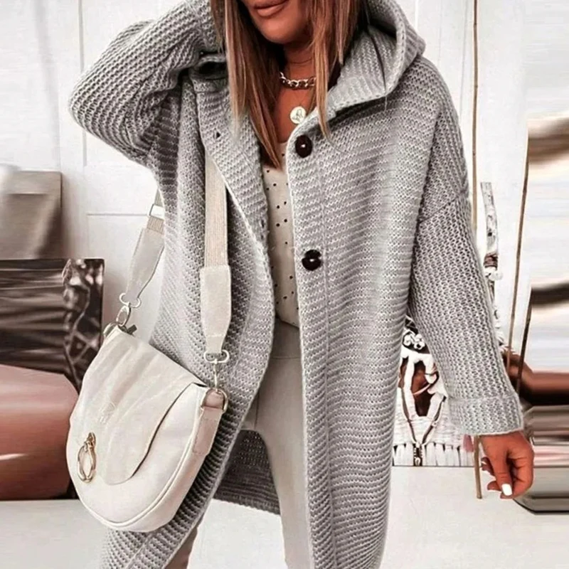 Josie | Damen Lange Strickjacke mit Kapuze, Knöpfen und Struktur