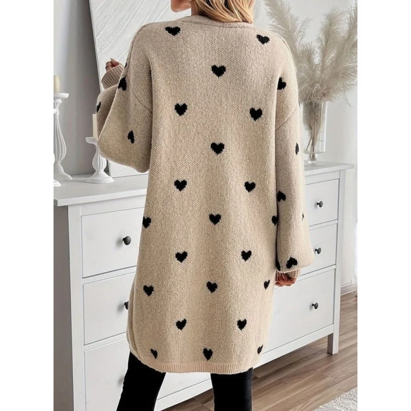 Ophelia | Damen Beige Strickjacke mit Herz Design und offener Front