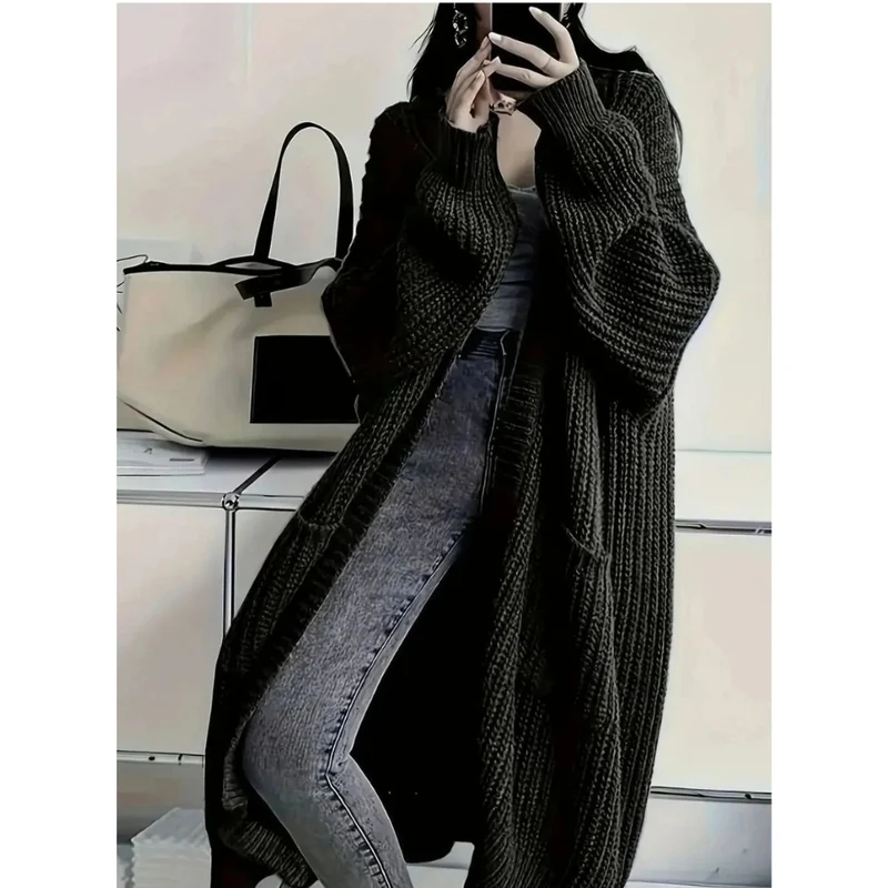 Thalia | Damen Lange Strickjacke mit Taschen und Struktur