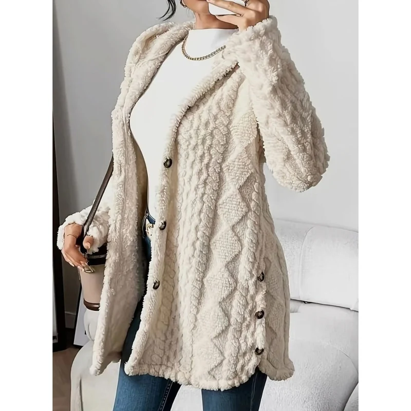 Milana | Damen Strickjacke mit Kapuze, Knöpfen und langem Schnitt