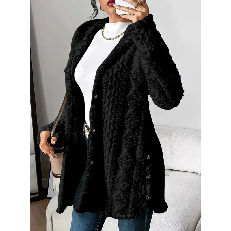 Milana | Damen Strickjacke mit Kapuze, Knöpfen und langem Schnitt