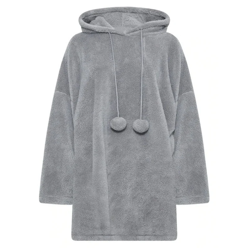 Eveline | Damen Grau Hoodie Kleid für Große Größen mit Teddy und Kapuze im Oversize Stil