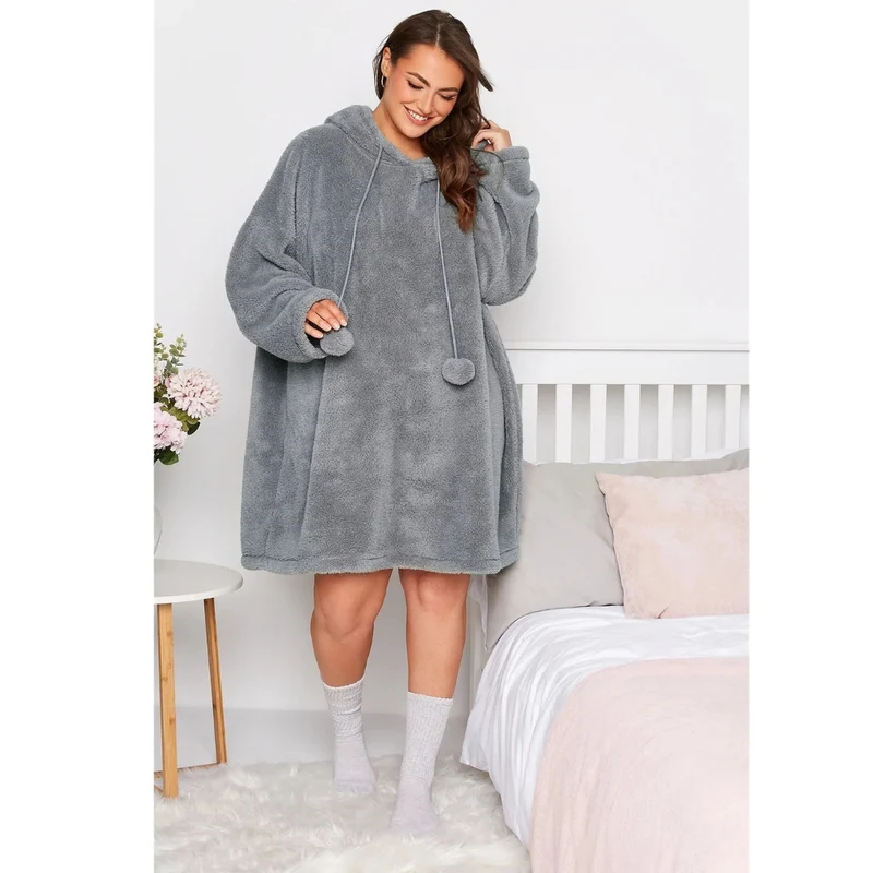 Eveline | Damen Grau Hoodie Kleid für Große Größen mit Teddy und Kapuze im Oversize Stil