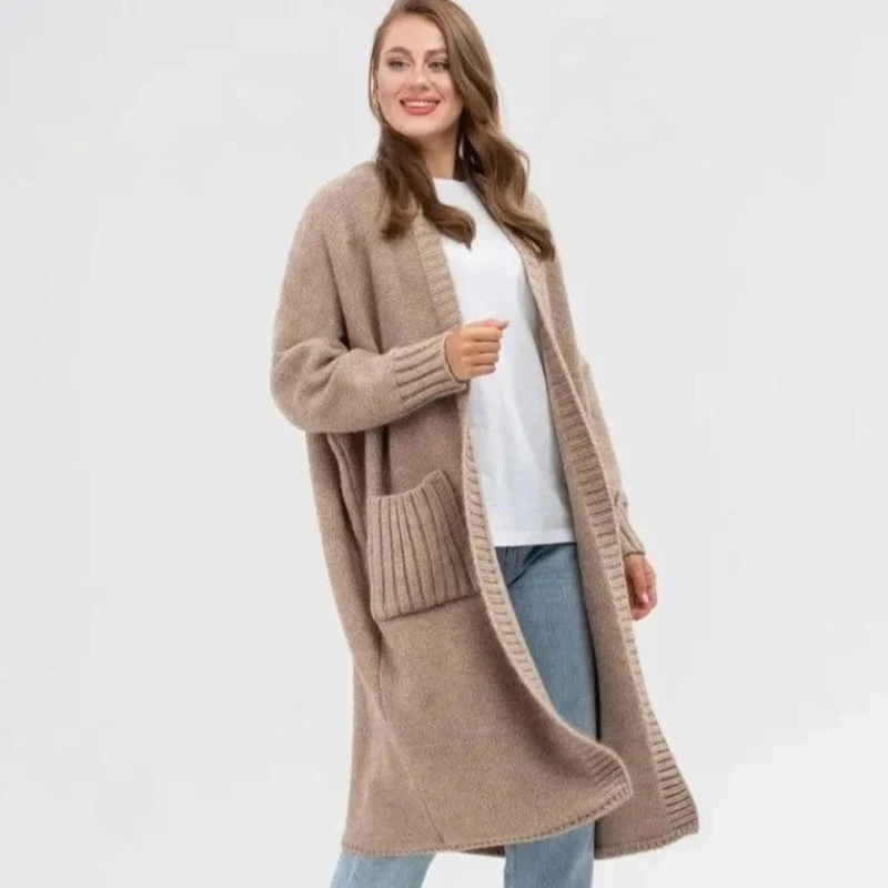 Soraya | Damen Lange Strickjacke für Große Größen mit Taschen und weichem Strick