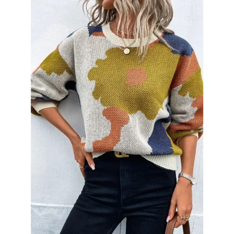 Kassandra | Damen Strickpullover mit Blumenmuster und Weitem Schnitt