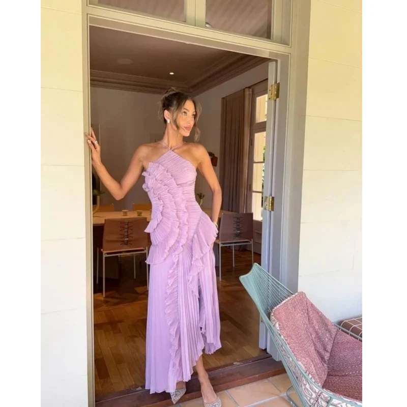 Kassandra | Damen Plissee Maxikleid mit Rüschen und Neckholder