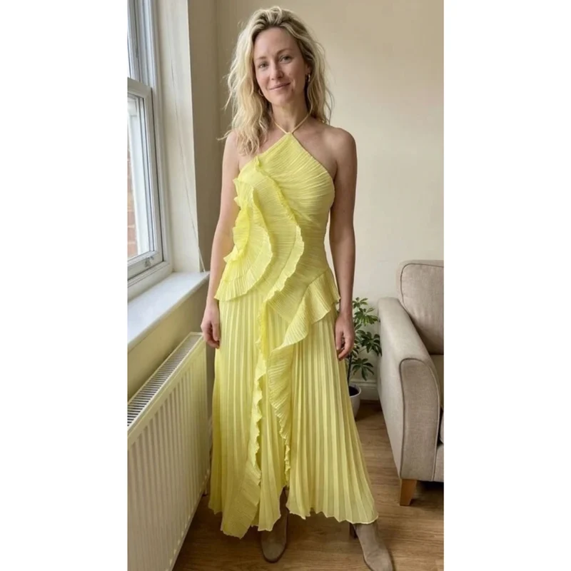 Kassandra | Damen Plissee Maxikleid mit Rüschen und Neckholder