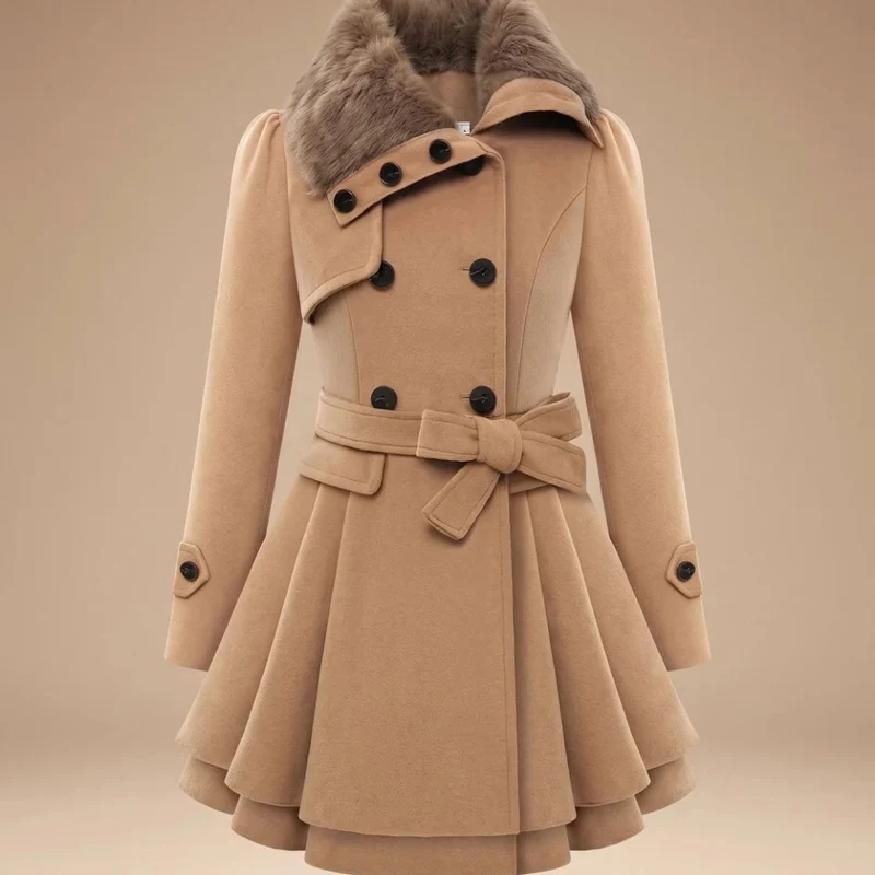 Karoline | Damen Winterjacke mit Kunstfell, Kragen und Gürtel