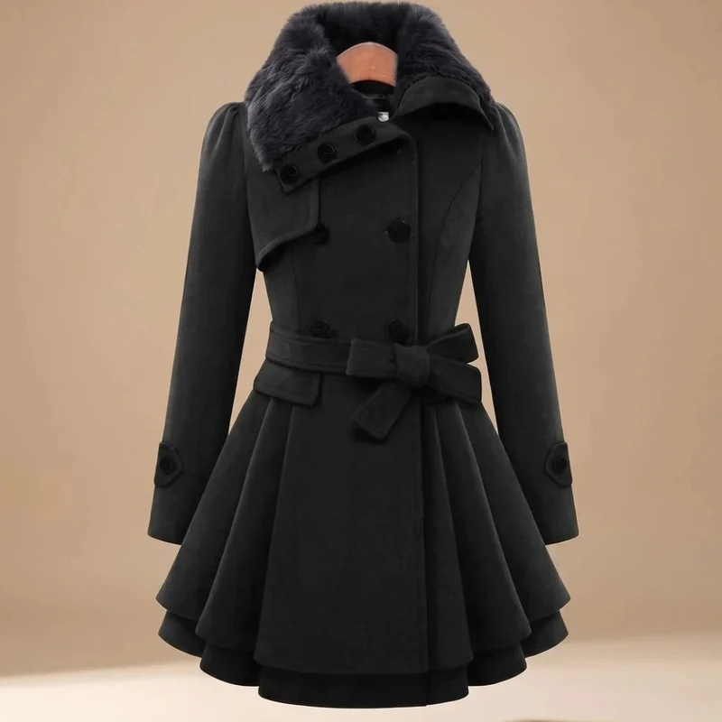 Karoline | Damen Winterjacke mit Kunstfell, Kragen und Gürtel