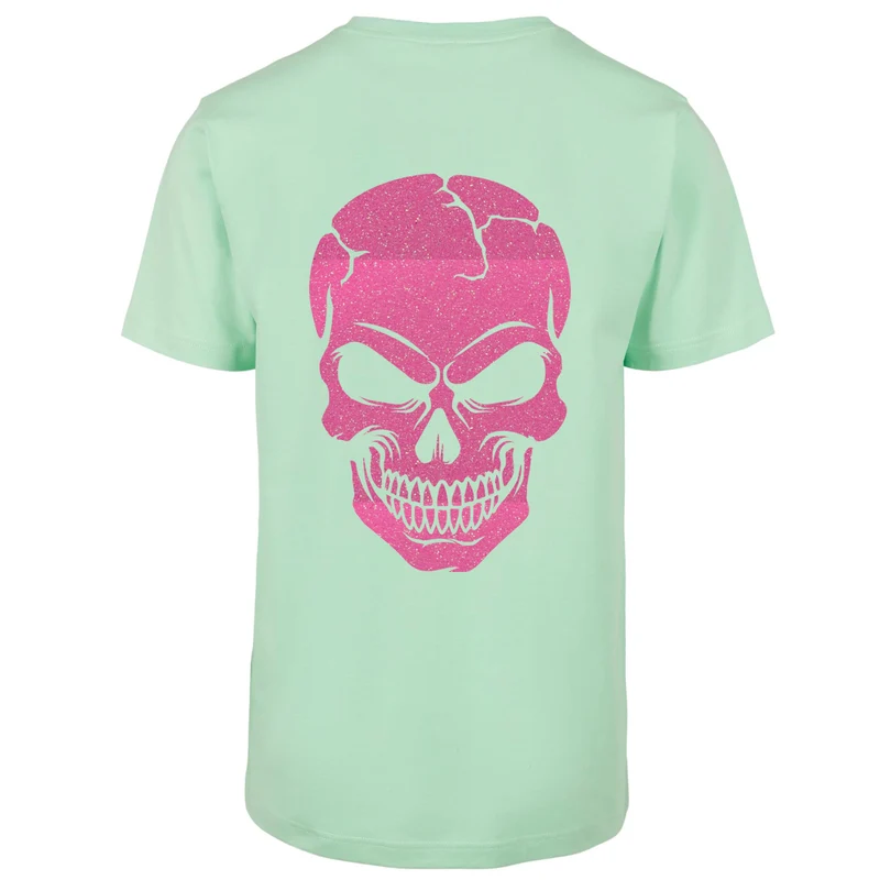 T-Shirt Shirt - Skull Head Glitzer Neon Rosa Druck - verschiedene Farben zur Auswahl