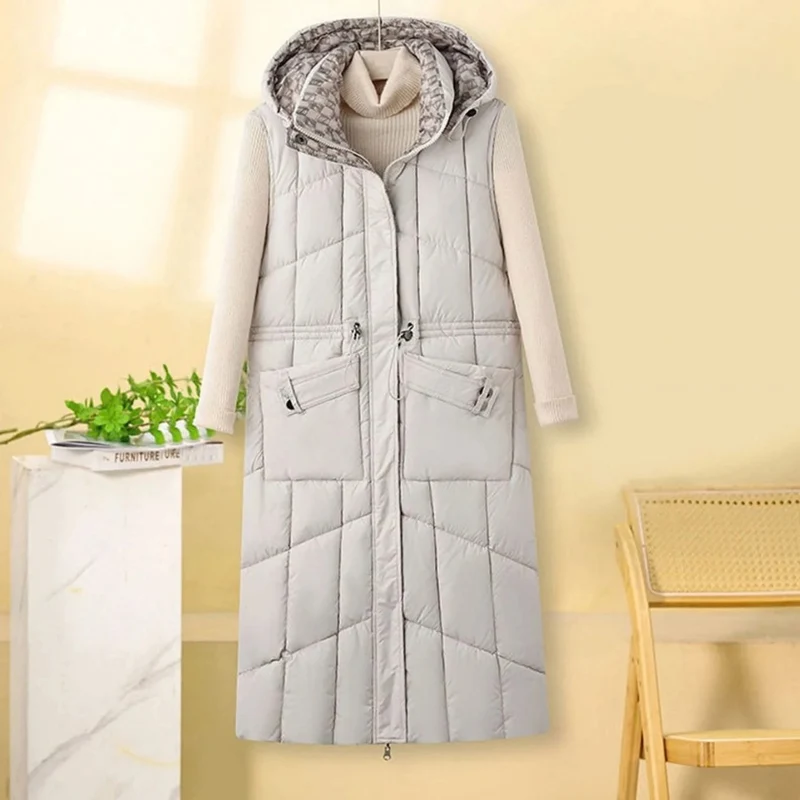 Gabrielle | Damen Lange Steppweste Bodywarmer mit Kapuze, Taschen und Reißverschluss