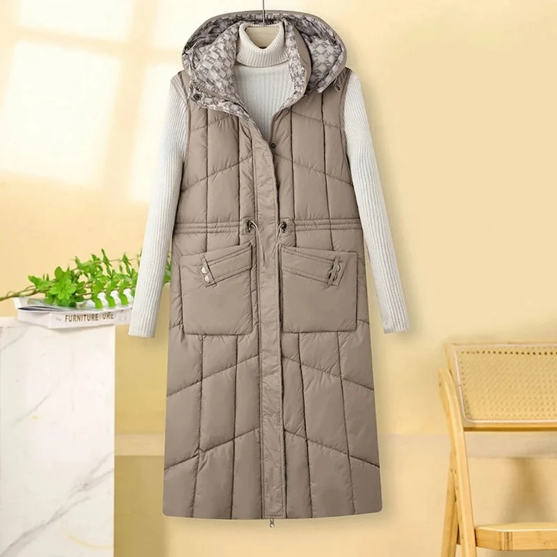 Gabrielle | Damen Lange Steppweste Bodywarmer mit Kapuze, Taschen und Reißverschluss