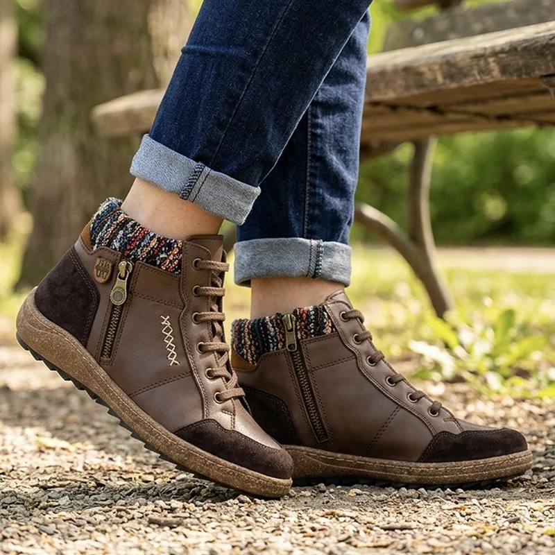 Loretta Leather Knitted Cuff Chukka Boots - HAK42004 / 328 442 - Brown