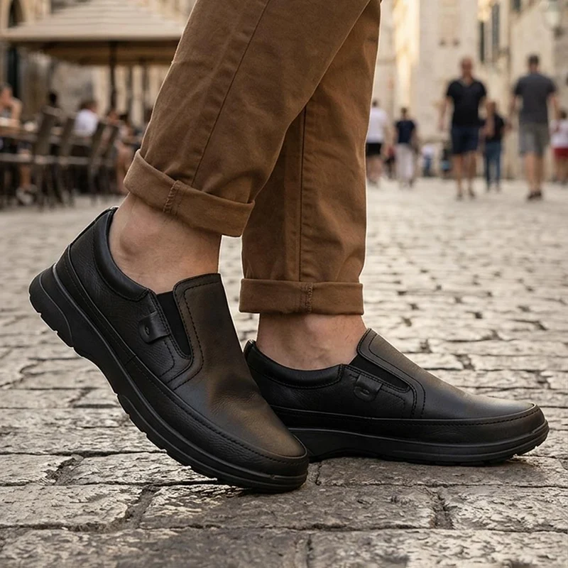 Wide Fit Leather Elastic Fit Slip On Shoes - PADDDIN44007 / 330 099 - Black