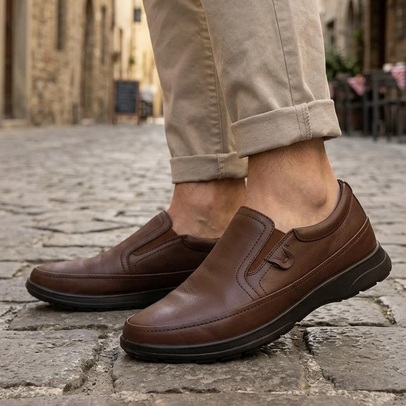 Wide Fit Leather Elastic Fit Slip On Shoes - PADDDIN44007 / 330 099 - Brown
