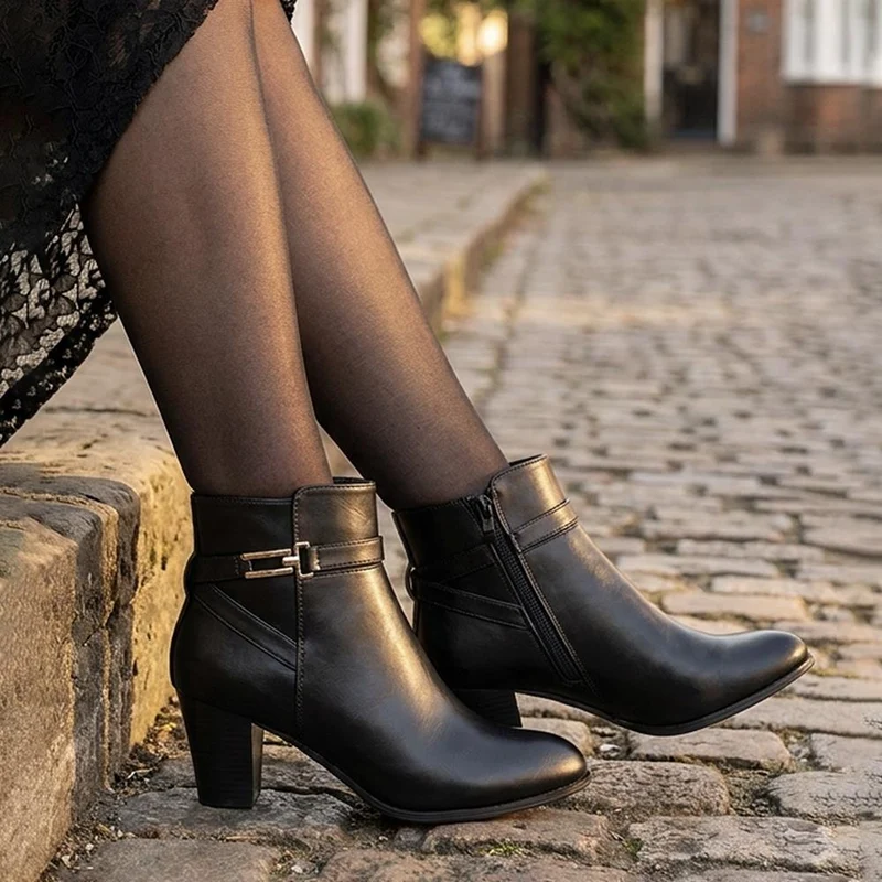 Smart Block Heel Ankle Boots With Buckle Detail - SANYI44002 / 330 000 - Black