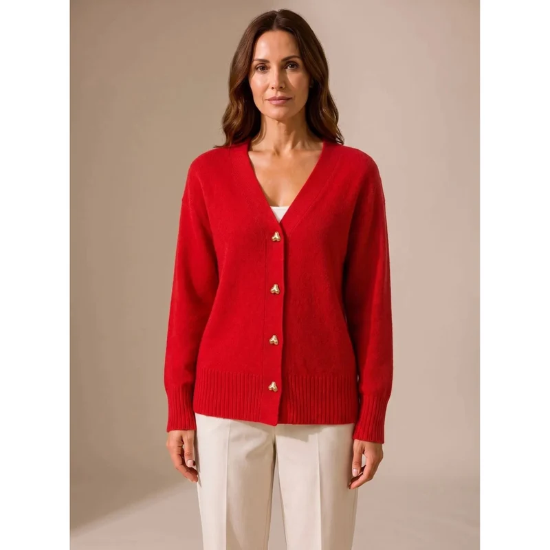 Faye | Damen Strickjacke mit V Ausschnitt und Herz Knöpfen