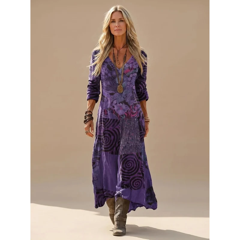 Giulia | Damen Lila Boho Maxikleid mit Langarm, V Ausschnitt und Vintage Patchwork