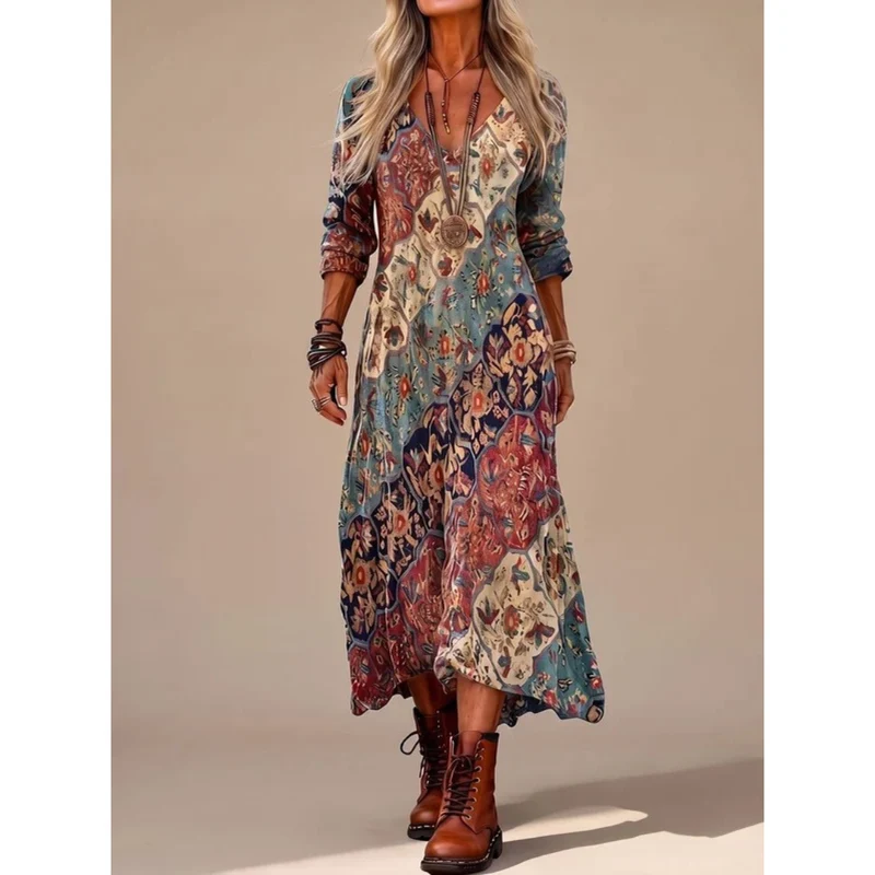 Flavia | Damen Boho Maxikleid mit Langarm, V Ausschnitt und Vintage Muster