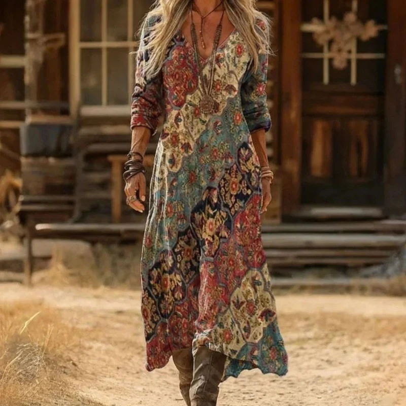 Flavia | Damen Boho Maxikleid mit Langarm, V Ausschnitt und Vintage Muster
