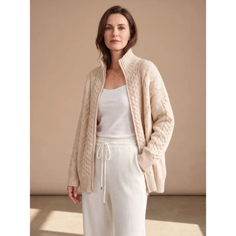Rieke | Damen Beige Strickpullover mit Reißverschluss und Oversize Schnitt