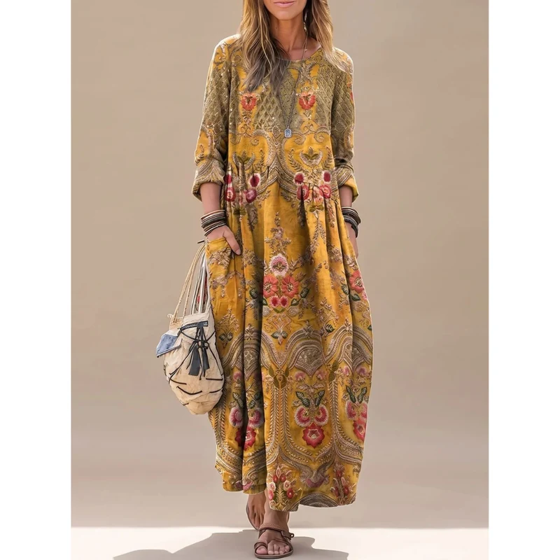 Svenja | Damen Boho Maxikleid mit Langarm, Vintage Blumenmuster