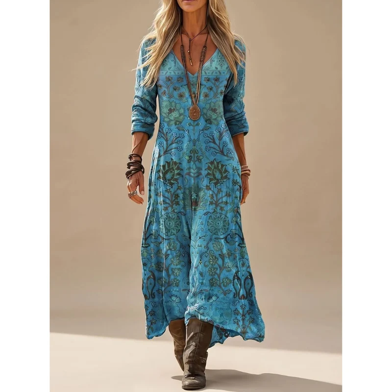 Jolina | Damen Blaues Boho Maxikleid mit Langarm, V Ausschnitt und Vintage Muster