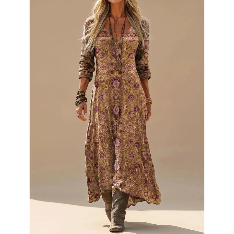 Alea | Damen Boho Maxikleid mit Langarm, V Ausschnitt und Vintage Muster
