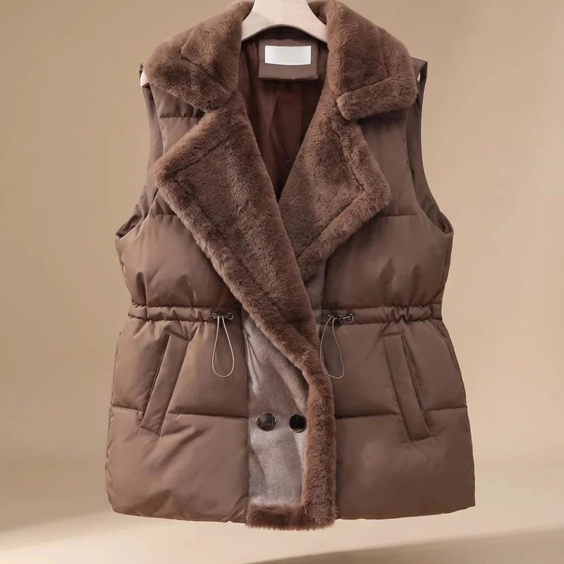 Asya | Damen Steppweste mit Fell Kragen und Taschen