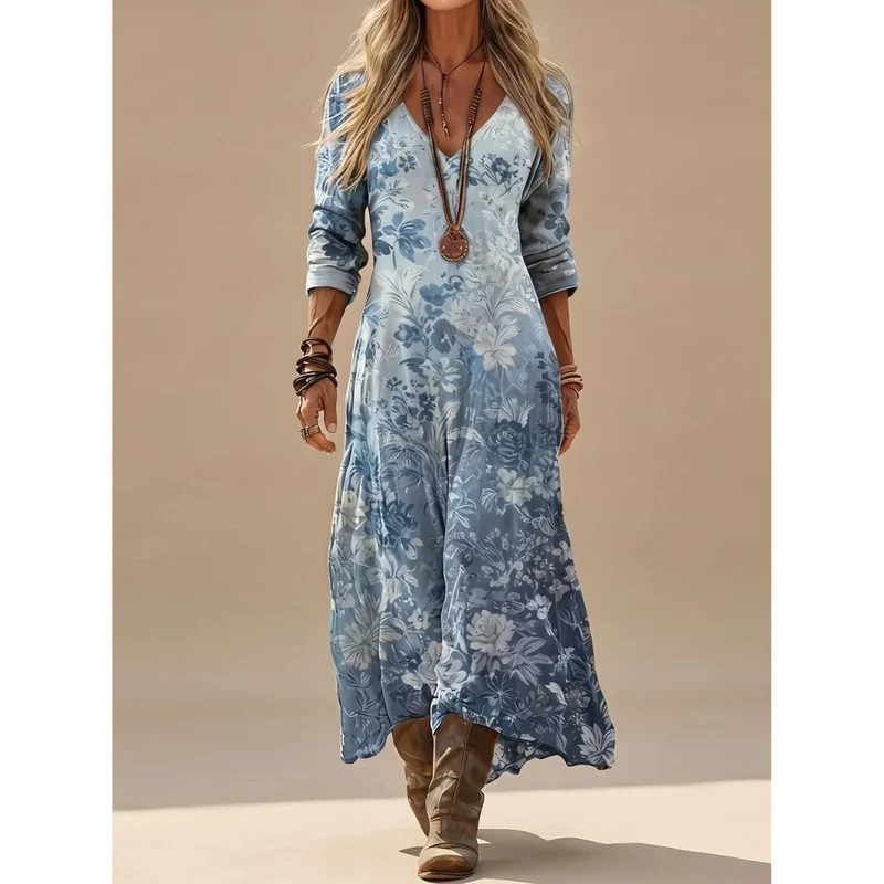 Aurea | Damen Boho Maxikleid mit Langarm, V Ausschnitt und Vintage Blumenmuster