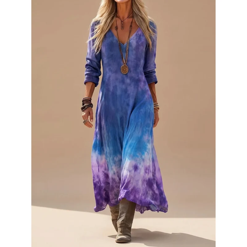 Celina | Damen Boho Maxikleid mit Langarm, V Ausschnitt und Vintage Farbverlauf