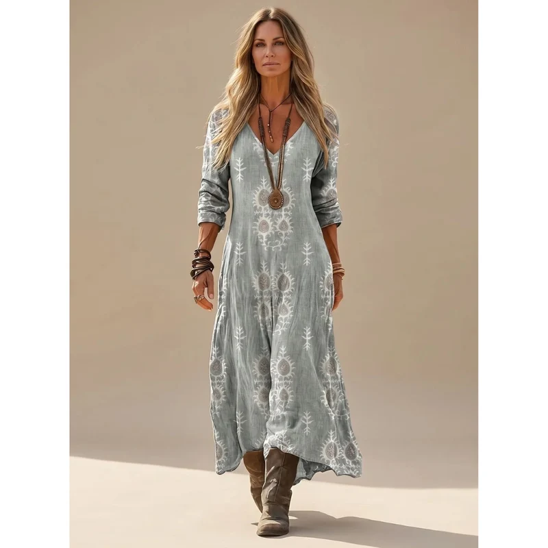 Leana | Damen Boho Maxikleid mit Langarm, V Ausschnitt und Vintage Print
