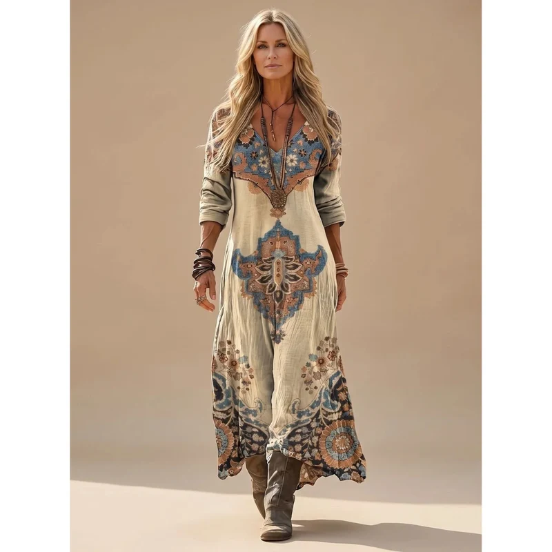 Madeleine | Damen Boho Maxikleid mit Langarm, V Ausschnitt und Vintage Muster