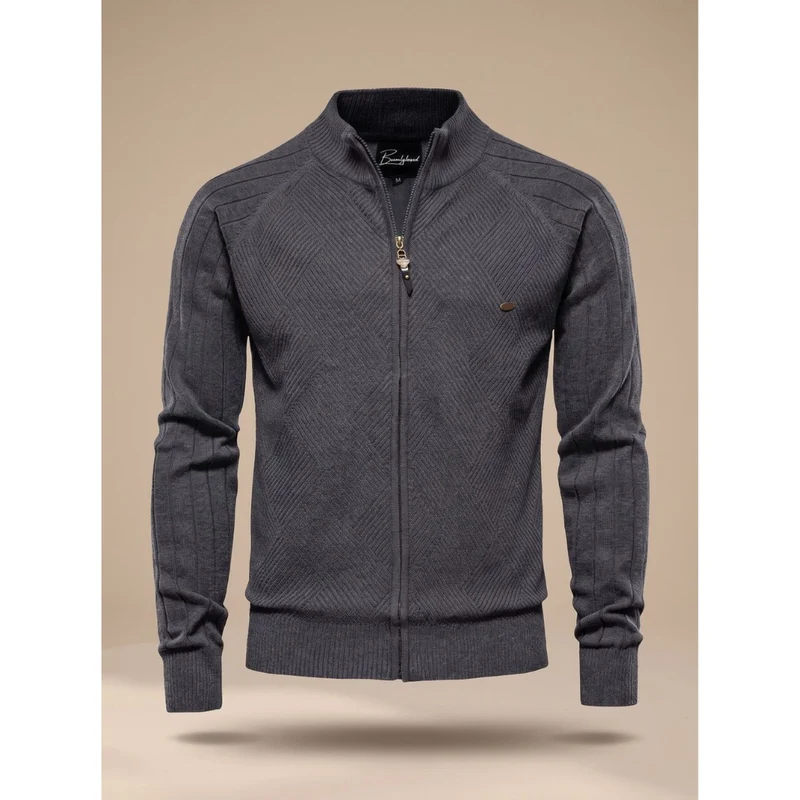 Cedric | Herren Strickjacke mit Reißverschluss, Stehkragen und Struktur