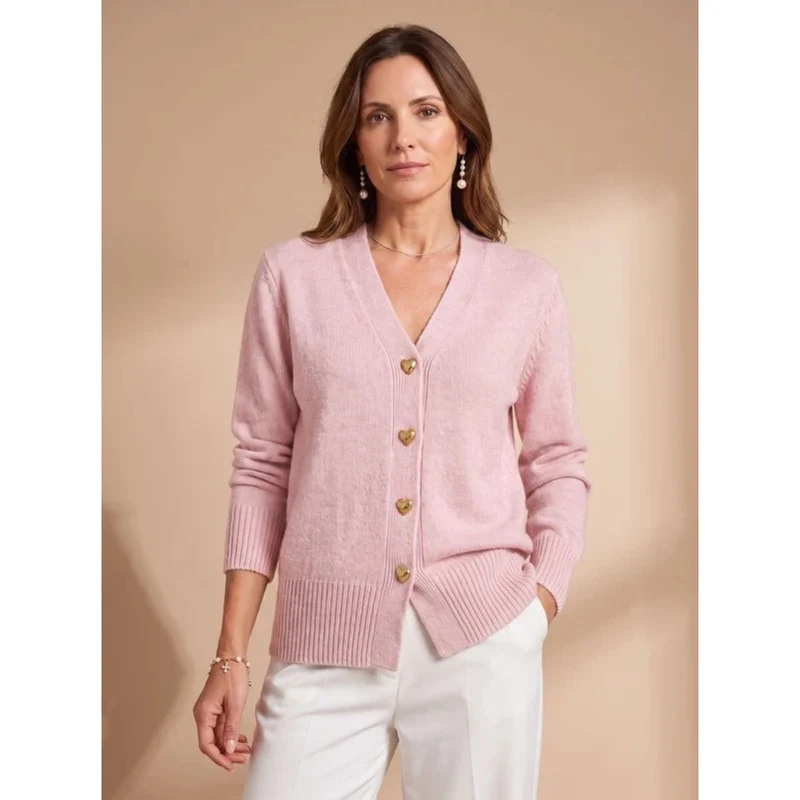 Rüya | Damen Strickjacke mit V Ausschnitt, Langarm und Knöpfen in Herzform