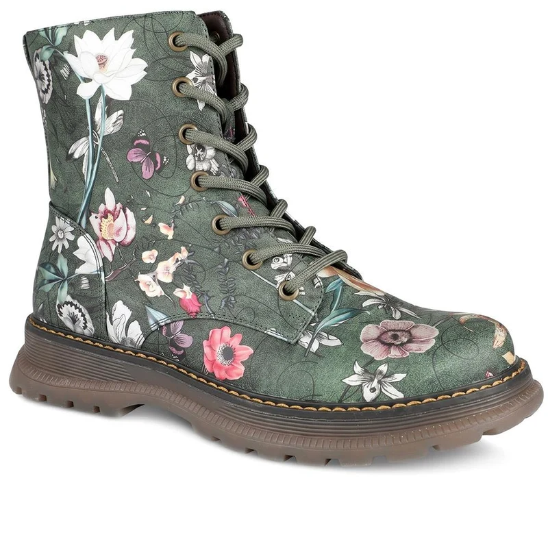 Floral Pattern Lace Up Ankle Boots - LECHE44010 / 329 753